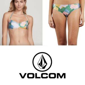 NEW Volcom "Growing On Me" Abstract Floral Bandeau / Halter 2 Pc. Bikini Sz. L